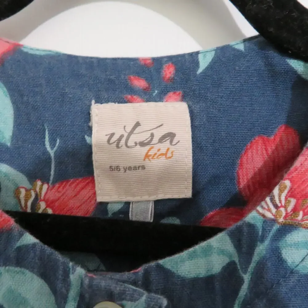 Utsa Kids Size 5-6 Years Blue Pink Floral Dress 3/4 Ruffle Sleeve